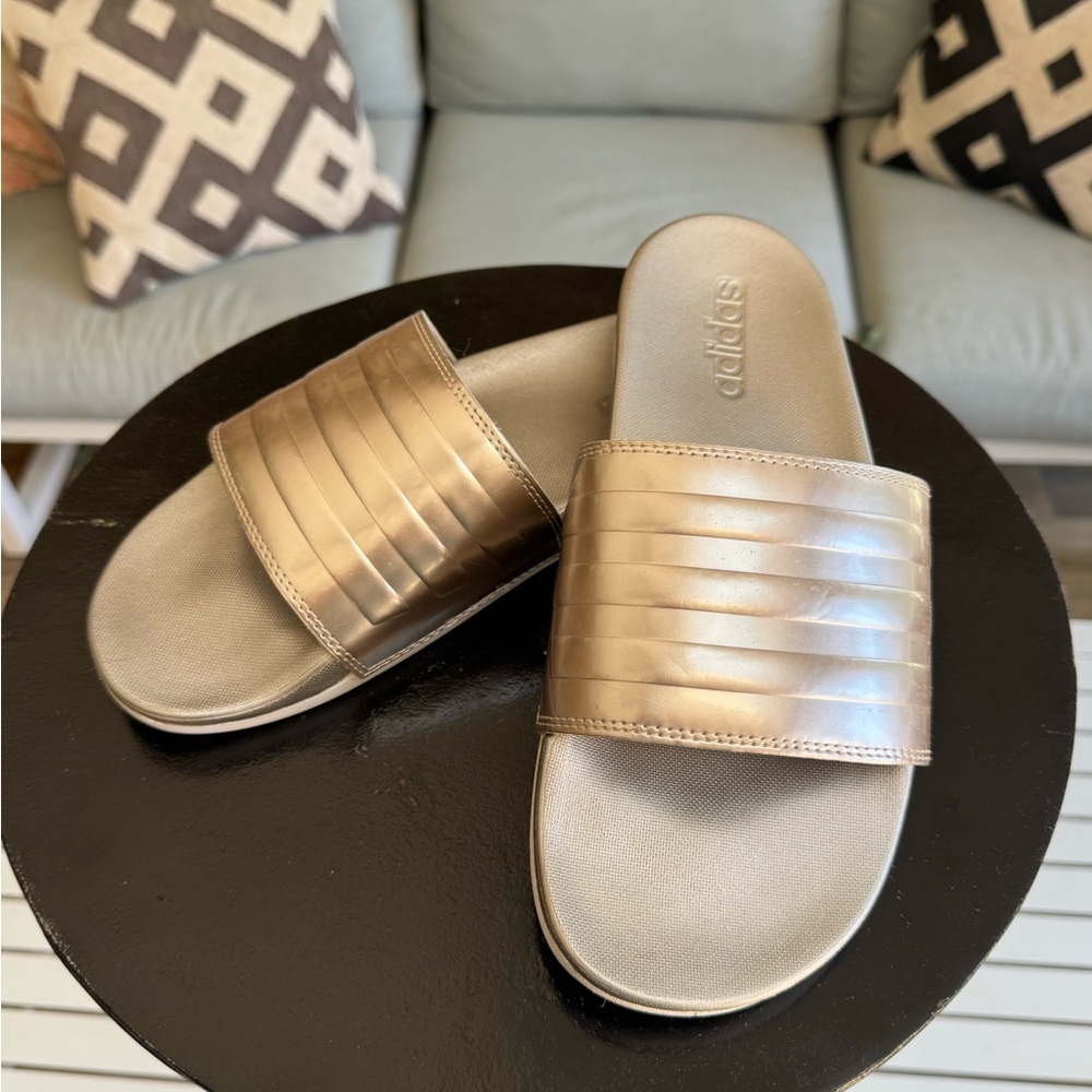 adidas  Women's Metallic Champagne Adilette Comfort Slide Sandals - 8
